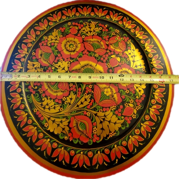 Vntg Russian "Khokhloma" Wooden Platter 16.5", Signed,Hand Painted, Choice of 3 - Picture 5 of 11